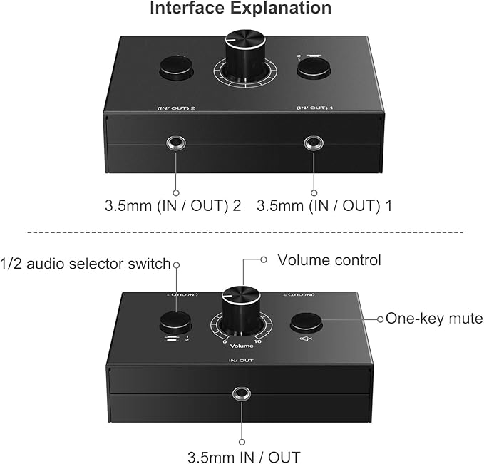 3.5mm Audio Switcher - 2 Input 1 Output / 1 Input 2 Output Audio Splitter, One-Key Mute Button, No External Power Required