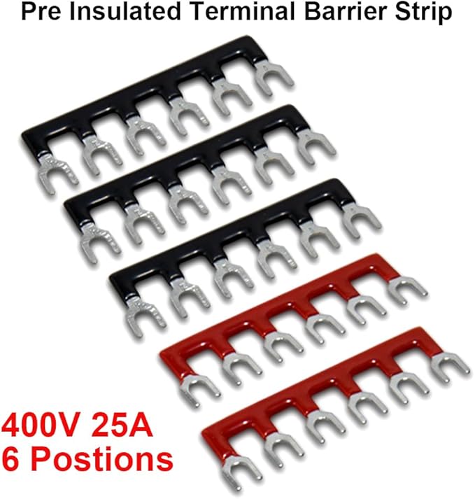 MILAPEAK 10pcs (5 Sets) 6 Positions Dual Row 600V 25A Screw Terminal Strip Blocks with Cover + 400V 25A 6 Positions Pre-Insulated Terminals Barrier Strip (Black & Red)
