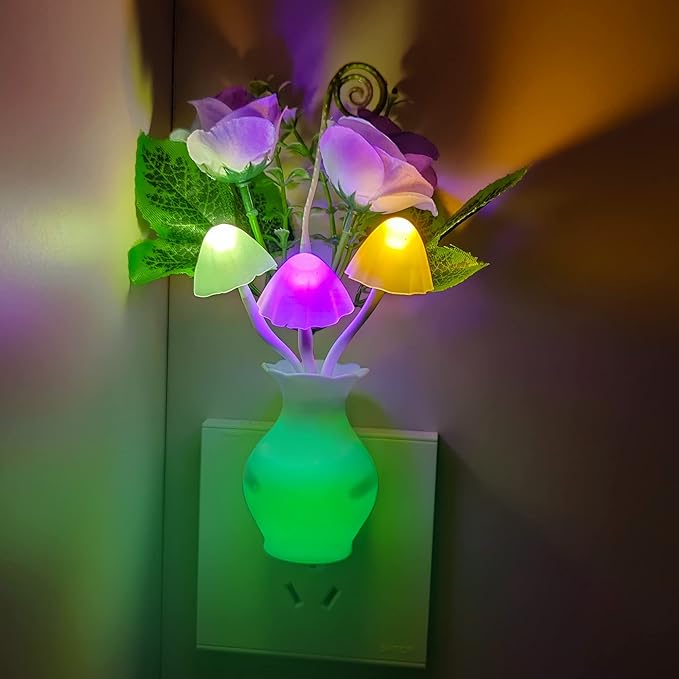 AUSAYE Color-Changing LED Night Light, 1Pack Plug in Dusk-to-Dawn,Home Décor Lamp Dream Nightlight Purple Rose Flower Mushroom Night Light for Kids Adults Bedroom,Bathroom,Stairs, Kitchen,Hallway