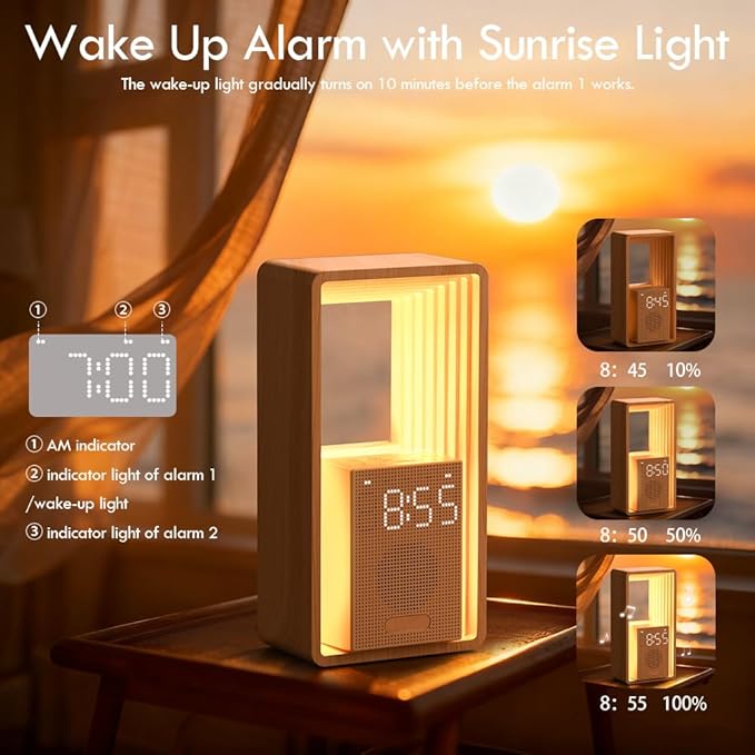 WILIT Digital Alarm Clock, Sunrise Alarm Clock with Nightlight, 9 Sleep Aid Sounds, White Noise Sounds Machine, Dimmable Display,USB Charging Port,Wood Grain Imitation,Gift for Women,Men,Travel