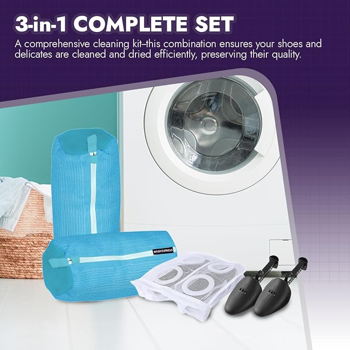Wash Express Shoe Cleaning Kit: Shoe Washing Bag (2pcs), Mesh Laundry Bag for Shoe Dryer and Adjustable Shoe Trees (5 pc kit)