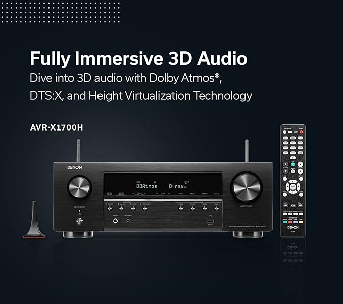 Denon AVR-X1700H 7.2 Channel AV Receiver - 80W/Channel, Advanced 8K HDMI Video w/eARC, Dolby Atmos, DTS:X, Built-in HEOS, Amazon Alexa Voice Control