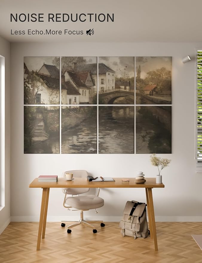Wall Art Acoustic Panels,70''×47''Sound Absorbing Panels-8-Pack with 60 Adhesive Tabs, Panels for Living Room and Recording Studio, Offices-Small Town Near La Panne