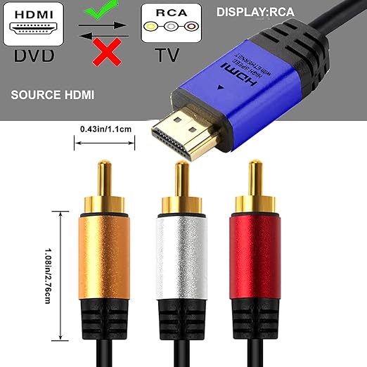HDMI to RCA 10FT Cable with IC, HDMI Male to 3-RCA BL AV Cable Video Audio Component Converter Adapter 1080P Cable for TV HDTV DVD