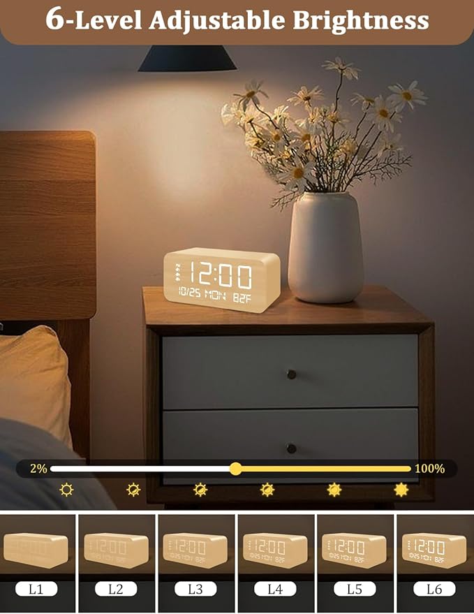 Digital Alarm Clock, with Wooden Electronic LED Time Display, 3 Alarm Settings, Humidity & Temperature Detect, Wood Made Electric Clocks for Bedroom, Bedside (Yellow-Wireless)