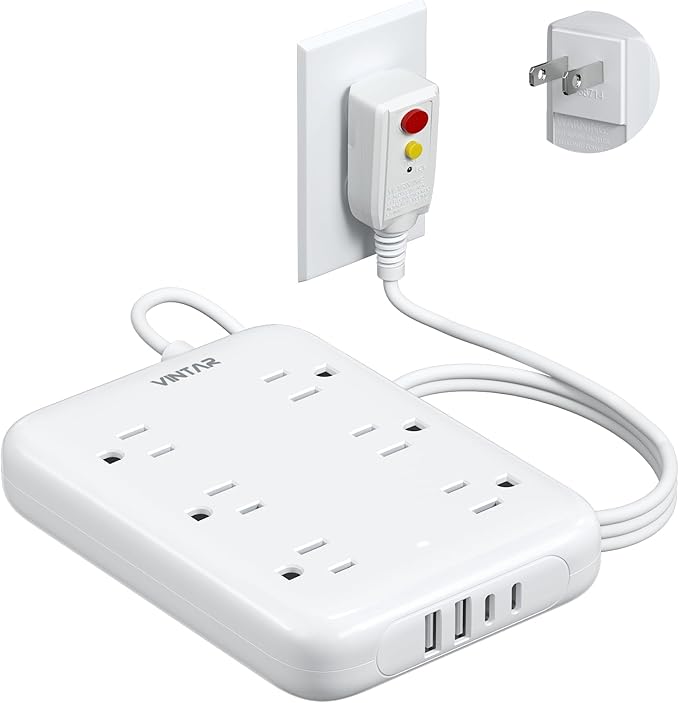 2 Prong GFCI Power Strip, VINTAR 2 Prong to 3 Prong GFCI Plug Adapter, 6ft Extension Cord with 6 Outlets & 4 USB(2 USB-C), 1050J Surge Protector, Polarized Plug Wall Mount for Non-Grounded Outlet