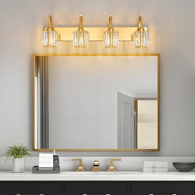 FDPBY Modern Bathroom Vanity Light, 4-Light Gold Wall Sconce with Crystal Accents, Over Mirror Bathroom Lighting Fixture, 32.67" Long Dimmable Vanity Lamp for Makeup, Easy Installation