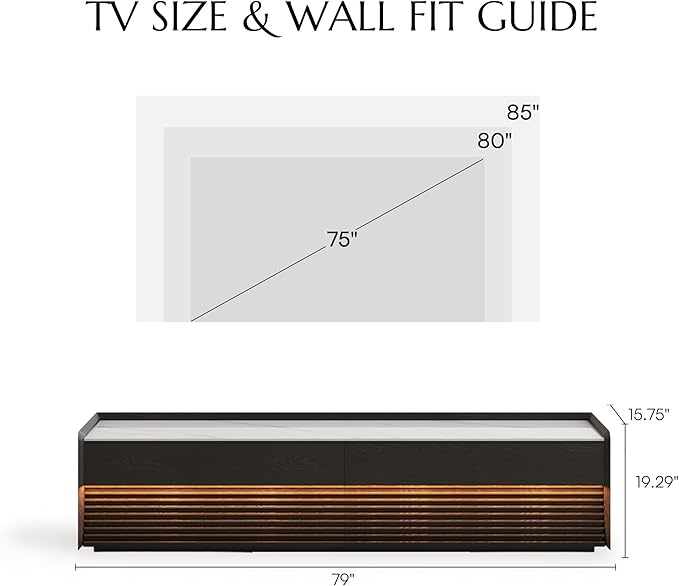 POVISON Fully-Assembled Mid Century Glossy Sintered Stone TV Stand, 78.74" Wood Media Console with Adjustable LED Light, Entertainment Center with Storage for Living Room