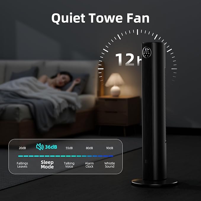 Antarctic Star Tower Fan Portable Floor Fans 85°Oscillating Fan Quiet Cooling 12H Timer Remote Control Standing Bladeless Electric 3 Wind Speeds 4 Modes Bedroom Office,36 inch, Black