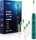 7AM2M Ultrasonic Electric Toothbrush with 6 Brush Heads for Adults&Kids, Type C Charging, One Charge for 120 Days, 5 Modes&40000VPM Powered Toothbrush, 2 Minutes Built in Smart Timer (Peacock Green)