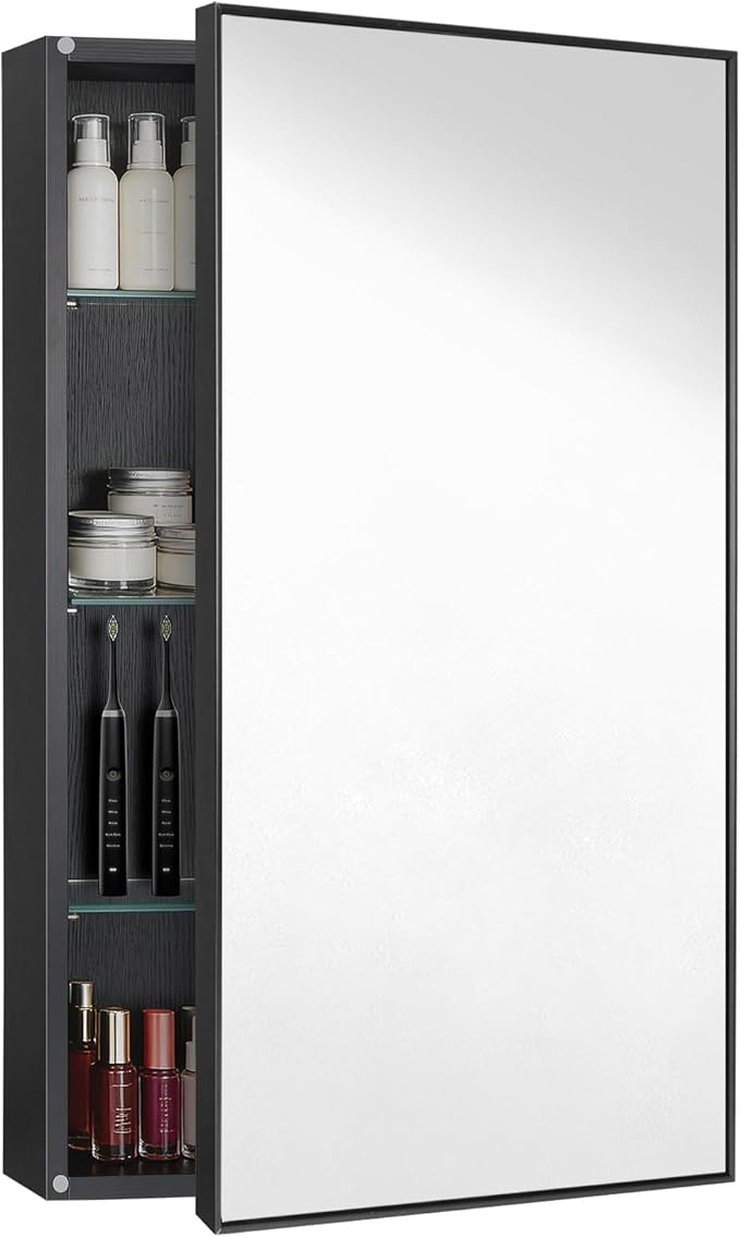 Medicine Cabinet with Mirror, 20x30 Inch Rectangle Wall Mounted Bathroom Vanity Mirror with Storage & Adjustable Tempered Glass Shelves Medicine Cabinets for Bathroom, Black