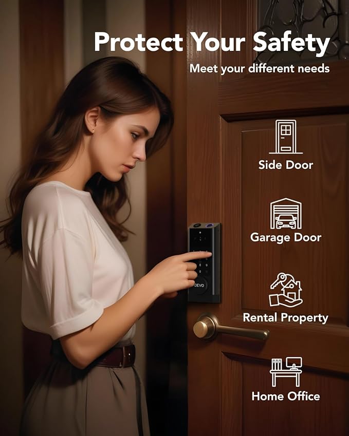 Devo G1 Video Smart Lock with Camera&Doorbell, 6-in-1 Keyless Entry Door Lock Deadbolt with Handle Set, App Remote, Fingerprint ID, Auto Locks, Built-in Wi-Fi Smart Deadbolt for Front Door