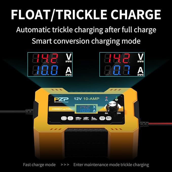 12V Automatic Car Battery Charger, 0-10A Arbitrarily Adjustable Smart Trickle Charger, Auto Desulfator with Battery Repair, Battery Maintainer with Winter Mode for AGM, Gel, Deep Cycle, Lead-Acid