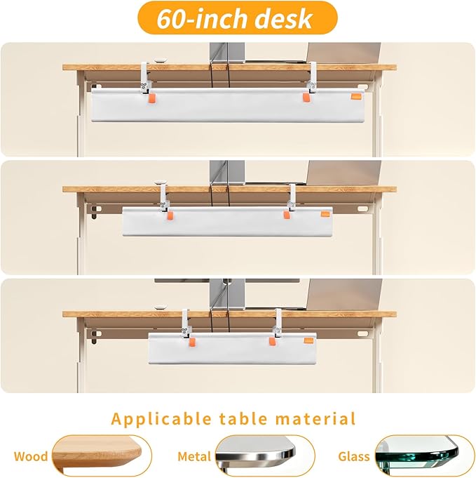 SUREUP9 No Drill Under Desk Cable Management Tray, 48" Cord Organizer with Clamp, Fabric Cable Management for Standing Desks, Ideal for Home & Office - White