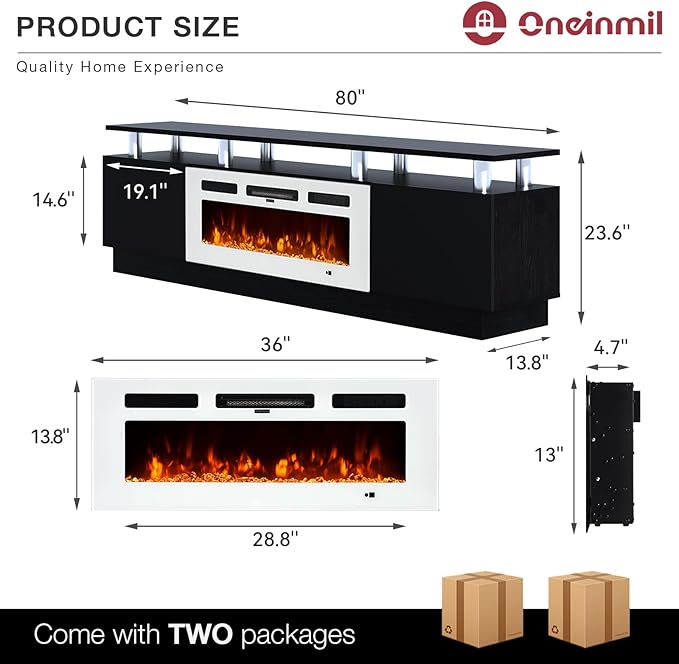 oneinmil Fireplace TV Stand with 36” Electric Fireplace, 80” 2 Tier TV Console Stand for TVs Up to 90", LED Light Entertainment Center, Fireplace for The Living Room TV Stand, Black