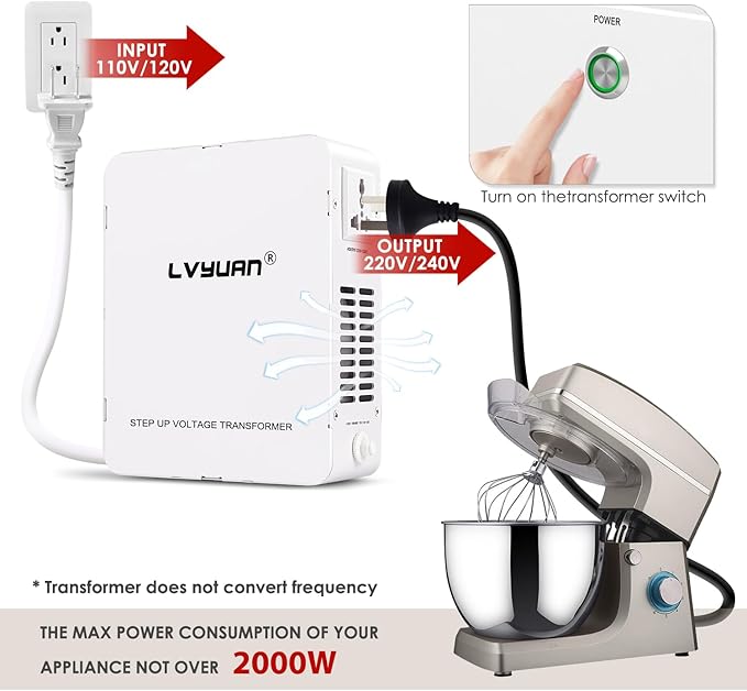 LVYUAN 2000W Voltage Transformer Step Up/Down Converter, 110V/120V to 220V/240V, Circuit Breaker Protection, 3 Year Warranty