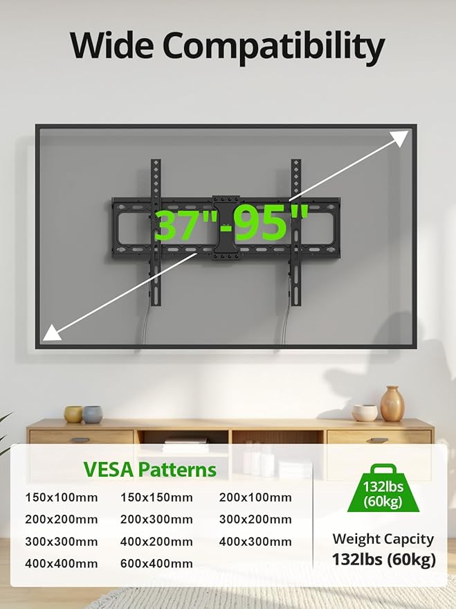 USX MOUNT Tilting TV Wall Mount for Most 37"-95" Flat Curved Screen Television, TV Bracket with Max VESA 600x400mm up to 132lbs, Low Profile Tilt Mount for 16", 24" Stud