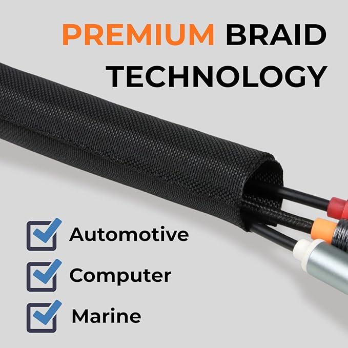 HOLED 1-1/4 inch Split Braided Cable Management Sleeve for USB Cable Power Cord Audio Video Cable, Wire Loom Cord Protector from Cat Dog Chewing (Black, 10FT)