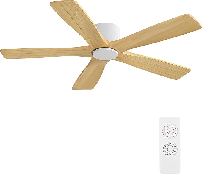 WINGBO 54" Flush Mount DC Ceiling Fans Without Lights, 5 Carved Solid Wood Blades, 6-Speed Reversible DC Motor, Low Profile Hugger Ceiling Fan No Lights for Living Room Bedroom Patio, White and Oak