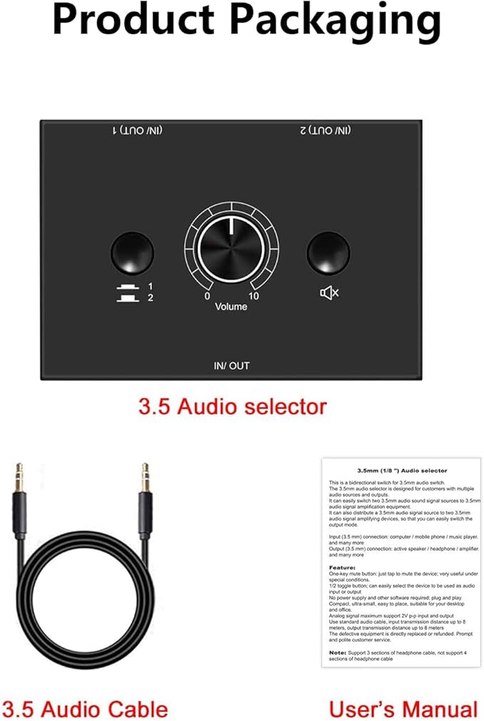Audio Switcher 3.5mm Audio Selector Splitter Box Mini 2(1)-in-1(2)-Out Audio Sharing Manual Selector Compatible Active Speaker((3.5mm Stereo Audio Switcher)