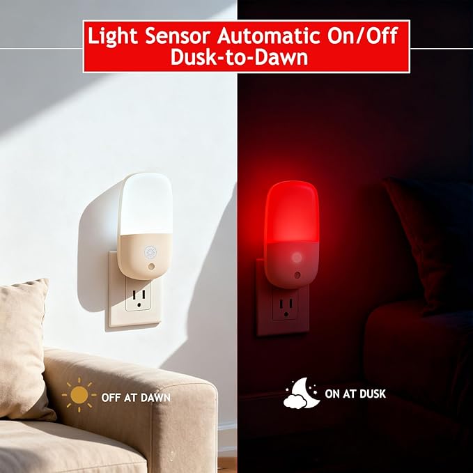670nm Red Light Night Light for Sleep Therapy, 2 Pack Auto On/Off Dimmable Night Light with Dusk to Dawn Sensor, LED Night Lights Plug into Wall Promote Melatonin Natural Sleep for Baby Kid Adult Room