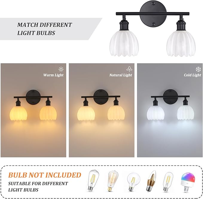 Shenmoyl Bathroom Light Fixtures, 2-Light Black Vanity Wall Light Over Mirror with White Tulip Glass Shade for Bedroom Living Room (Bulb Not Included)