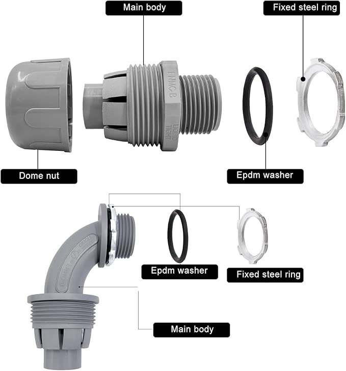 1/2 inch Liquid Tight Connector PVC Flexible Conduit Connector UL Listed Liquid Tight Connector Non-Metallic Electrical Conduit Fittings 30 Pack (15 pcs 180D/15 pcs 90D)