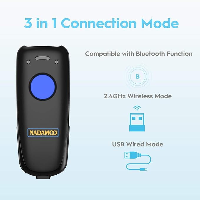 NADAMOO 1D Wireless Barcode Scanner Compatible with Bluetooth, with Charging Dock, Portable USB Bar Code Scanner for Inventory, 2.4G Wireless & Wired Barcode Reader for Tablet iPhone iPad Android iOS