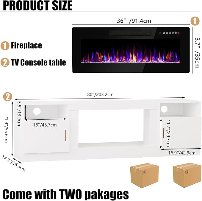 VITESSE TV Stand with 36" inch Electric Fireplace Up to 90" TVs, LED Light Entertainment Center, 80" Modern Wood High Gloss Fireplace with Highlight Storage Cabinet for Living Room (White)