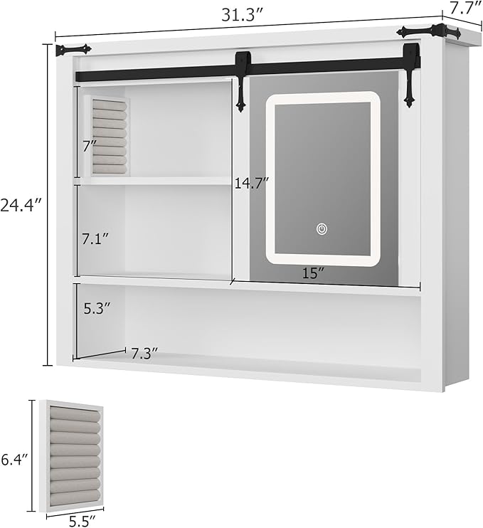QUW 31" Farmhouse Bathroom Wall Cabinet, Bathroom Medicine Cabinets with Mirror, Over Toilet Wall Storage Cabinet, 3 Lighting Modes, Adjustable Brightness, Jewelry Holder, Sliding Door, White