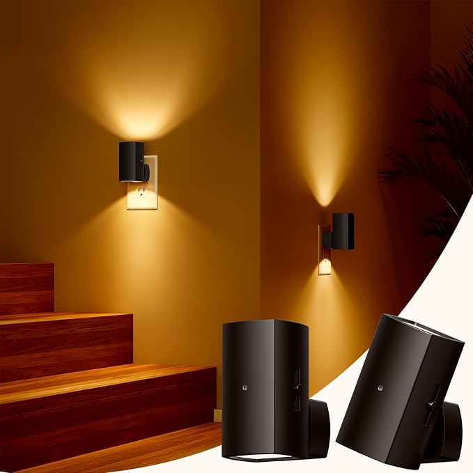 Brightown 2 Pack Black White Night Lights Plug into Wall, Modern Night Light with Rotating Plug, Dusk to Dawn Sensor, 0-100LM Stepless Dimming Aora Night Light for Hallway Bedroom Bathroom,Amber