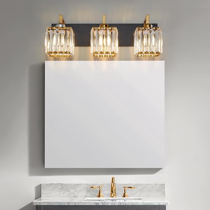 FDPBY Modern Bathroom Vanity Light 3-Lights Black Gold Crystal Wall Lamp Bathroom Modern Crystal Vanity Lighting