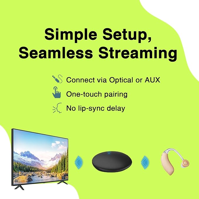 TV Streamer for Bluetooth Hearing Aids – Wireless Audio Transmitter with Digital Stereo, Easy Pairing, Optical & Analog Inputs, Supports Multiple Pairs