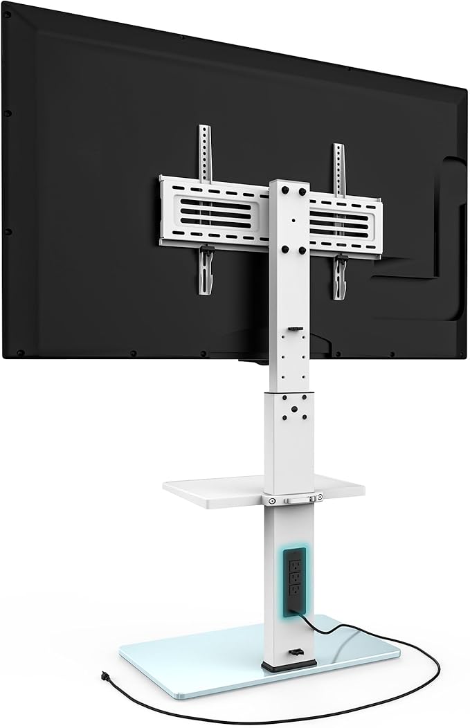FITUEYES Floor TV Stand for 32-75 inch TV with Power Outlet, Tall TV Stand for Bedroom Living Room with Tempered Glass Base, Floor TV Mount Holds Up to 88lbs MAX VESA 600x400mm,White