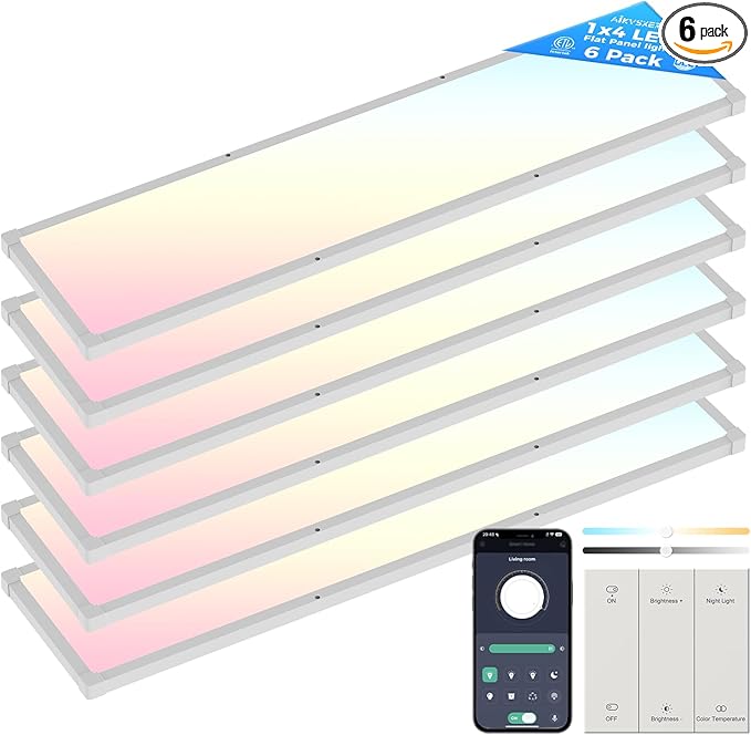 AIKVSXER 6 Pack 1x4 FT LED Flat Panel Light Surface Mount, with Wireless Switch & App Control, Night Mode, 50W 5500LM, 3000K/4000K/6500K, Ultra-Thin LED Light for Office Home,120-277V - White