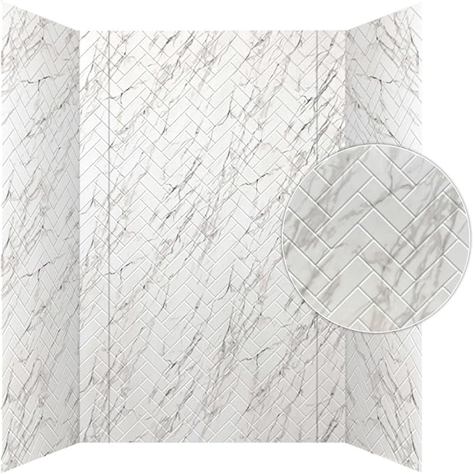 From Plain To Beautiful In Hours 133-640-HERR-KIT Herringbone Tile - Tub and Shower Wall Panels Surround (Covers/ 96 sq. ft.), Marble, 1 Piece