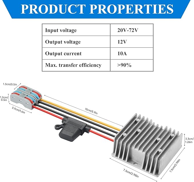 BEYIMEI DC to DC Converter 20-72V to12V 10A 120W, DC 24V 36V 48V 60V 72V Step Down to 12V Buck Converter Regulator Voltage Conversion Transformer for Golf Cart, forklifts Car,Solar Panel Regulation