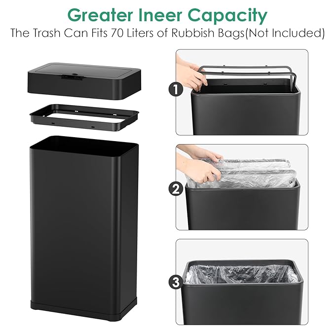 Arlopu Automatic Trash Can,Sensor Motion Stainless Steel Garbage Bin, Touchless Smart Waste Bin, W/Stay-Open, Soft Close Lid, Display Light for Kithchen, Living Room, Office (Black, 18.5gal)