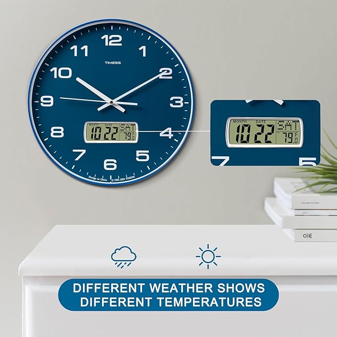 TIMESS Wall Clock, 13" Dial Non-Ticking Silent Battery Operated Analog with LCD Display for Perpetual Calendar and F° Temperature, Ideal Modern Home, Office Decor (Blue)