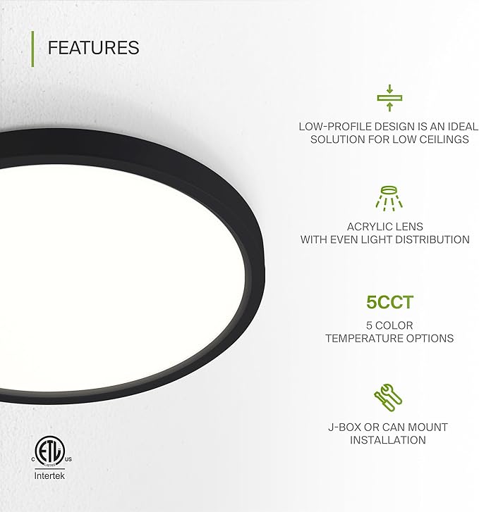 ASD LED 9" Round Flush Mount Ceiling Light Fixture, Low Profile Surface Lighting | 5CCT, Dimmable, Ultra-Thin, ETL Listed | 18W 1660LM 2700-6000K 120V | Kitchen, Bedroom, Hallway Lamp | Black