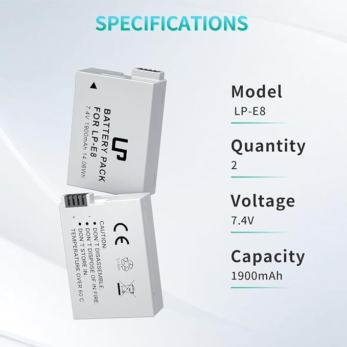 LP E8 Replacement Battery, 2 Pack 1900mAh E8 Batteries - Image 2