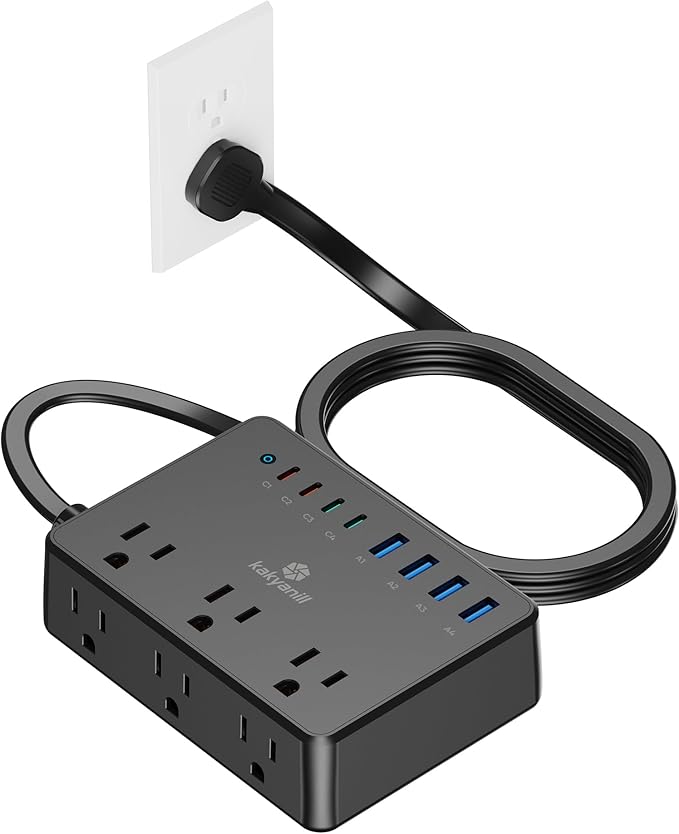 Kakyanill 100W Power Strip, 6 AC Outlets 8 USB Ports(4 USB C) with 2000J Surge Protector, 5ft Flat Plug Extension Cord, Compact for Desk Home Office Dorm, Black