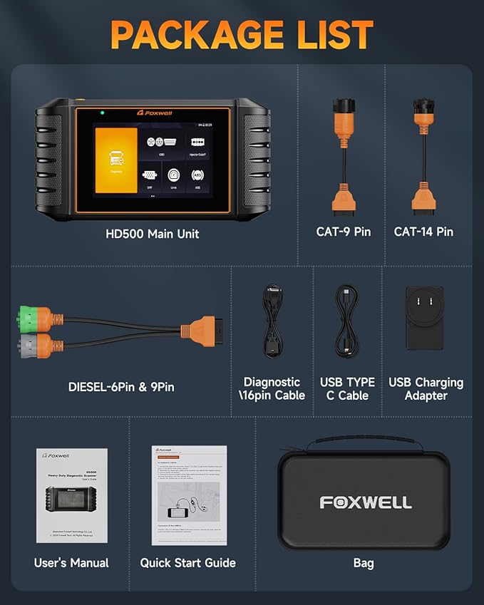 FOXWELL HD500 Heavy Duty Truck Scanner - Diesel Scanner with DPF Regen/Injector Cutoff/Limit Setting, Full System Diesel Diagnostic Scan Tool for Cummins, Detroit, Caterpillar, Paccar & Pickup Trucks