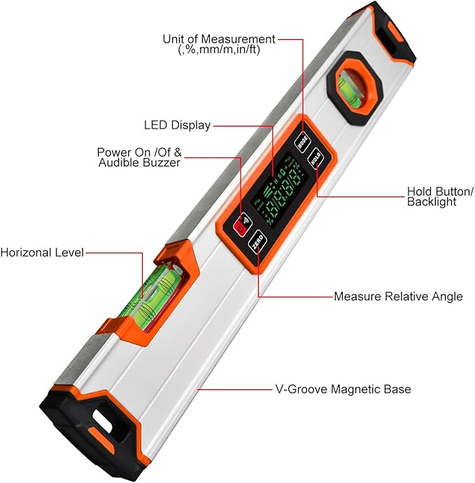 eOUTIL 15.7-Inch Digital Torpedo Level & Angle Finder – IP54 Waterproof Inclinometer with Backlit LCD, V-Groove Magnetic Base, 0.1° Accuracy – for Construction, Woodworking, Metalworking（Orange)