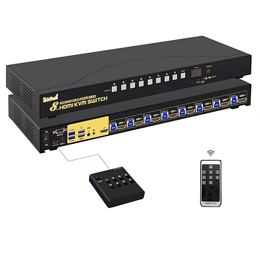 JideTech 8-Port HDMI KVM Switch 4K@60Hz with USB 3.0 Hub, Audio Support, Keyboard & Mouse Hotkey, Remote Control, Rack Mount 1U for Windows/Mac/Linux
