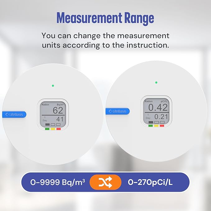 LifeBasis Radon Detector for Home, Portable E-Ink Display Radon Meter with Short & Long Term Monitoring of Radon Levels, Visual Alarm, Switchable Mesurement Unit Bq/m3 or pCi/L, Battery-Powered