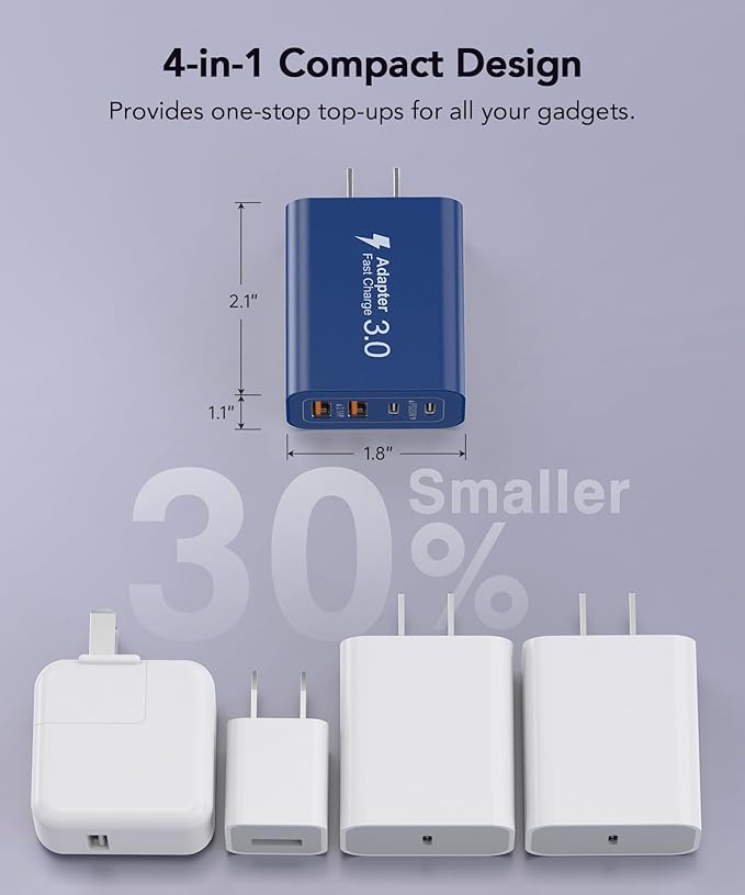 40W USB C Charger Block, 2-Pack 4-Port Type C Fast Charging Brick Dual PD&QC Wall Plug Adapter Power Brick for iPhone 13/14/15/16/17/Pro/Pro Max/Plus/iPad/Airpods/iwatch/Samsung Galaxy (Blue)