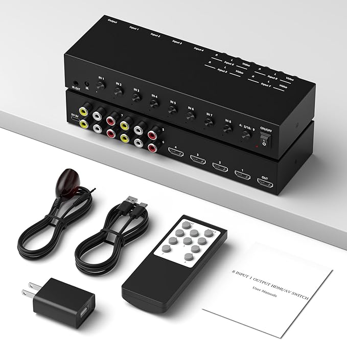 8 in to 1 Out RCA/HDMI Switcher，4 Way HDMI 2.0 + 4 RCA to HDMI Converter，4:3/16:9 Switcher Support 4K and 3D for PS1/2/3/4/5, N64, SNES, Switch, DVD, Roku, Fire Stick，etc.
