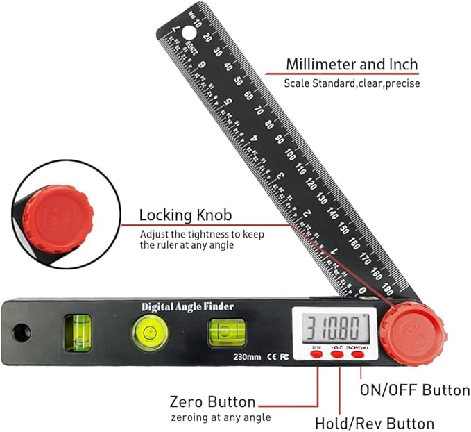 NORTOOLS Digital Angle Finder Protractor-7inch 0-360 °LCD Digital Protractor Ruler, ±0.5° Accuracy Measuring Tool for Woodworking/Construction/DIY/Miter Saw (Metric/Inch, 2 Batteries Included)