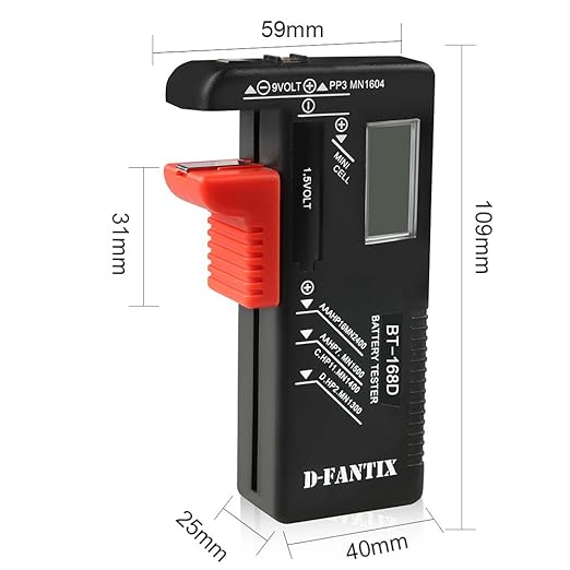 D-FantiX Digital Battery Tester, Universal Battery Checker Household Battery Testers for AAA AA C D 9V 1.5V Small Batteries Button Cell (Model: BT-168D)